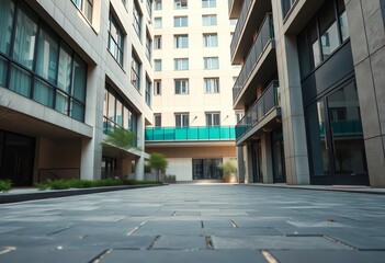 Low angle view of empty pavement; modern building with green balcony, serene, office