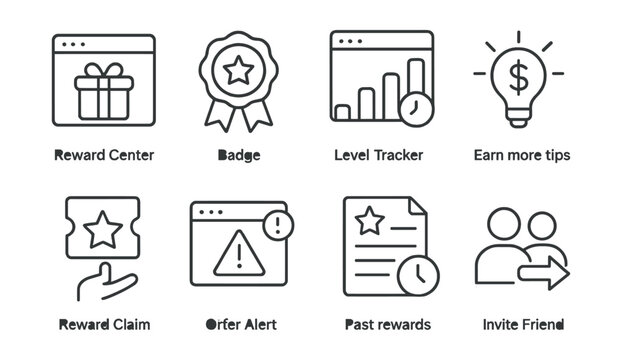 Line vector icons of rewards dashboard: reward center, badge icon, level tracker, earn more tips, reward claim, offer alert, past rewards, invite friend.