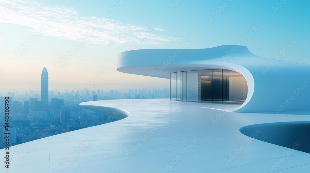 Poster 都会のモダンな建築デザインの展望テラス 広角の都市風景 青い空と白い構造物の対比