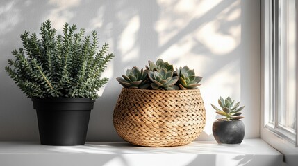 Sunlit Succulents and Plants on Windowsill