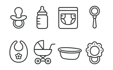 Line vector icons of baby care: pacifier icon, baby bottle, diaper pack, rattle toy, bib icon, baby stroller, baby bath, teething ring.