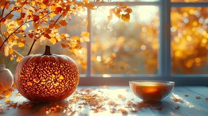 Autumnal window scene with carved pumpkin and tea. Warm, inviting autumnal ambiance, featuring a carved pumpkin illuminated from within, nestled beside a window with autumn leaves. 