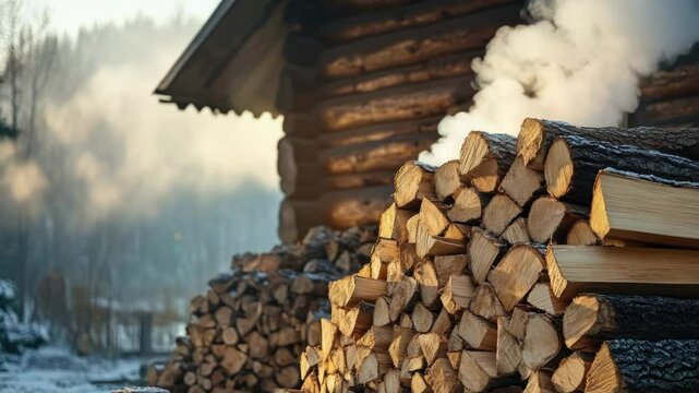 A stack of logs sits next to a cozy log house, perfect for a rustic or outdoor-themed project