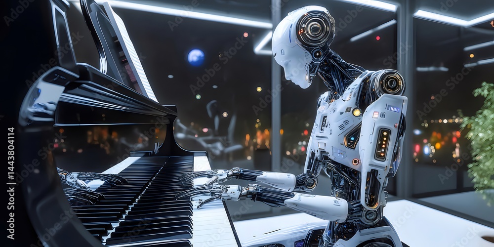 Aufkleber 未来的なロボットがピアノを弾く夜の都市の背景 光と影が織りなす美しい未来的なイメージ