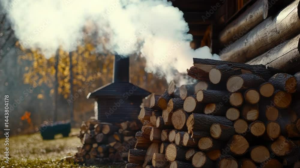 Poster a wood pile next to a building with visible smoke, suitable for use in images about pollution, envir