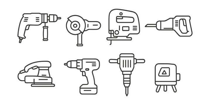 Line style icons of power tools: electric drill, angle grinder, jigsaw, reciprocating saw, orbital sander, cordless drill, jackhammer, laser level.