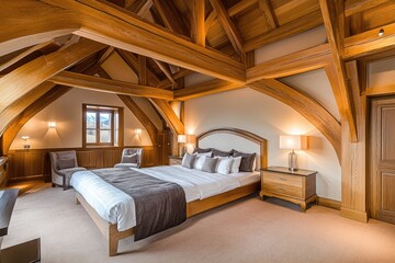 Luxurious bedroom with exposed wooden beams  Spacious room with a large bed, comfortable chairs, and natural light