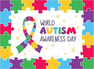 World Autism Awareness Day banner with colorful jigsaw puzzle frame and awareness ribbon. Vector illustration event web banner design