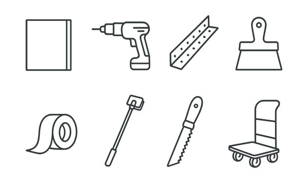 Line vector icons of drywall installation: drywall sheet, screw gun, corner bead, taping knife, joint tape, sanding pole, drywall saw, drywall cart.