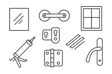 Line style icons of glass and window work: glass pane, suction lifter, window frame, glazing beads, caulk gun, window lock, hinge, sash handle.