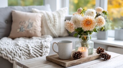 A charming floral arrangement of dahlias in a glass vase, set against a cozy backdrop with soft textures, ideal for creating a peaceful and inviting home environment.