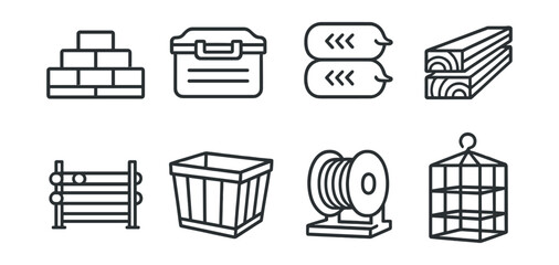Line vector icons of material storage: stacked bricks, tool chest, cement sacks, timber planks, pipe rack, container bin, cable reel, safety cage.