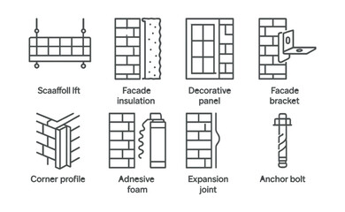 Line style icons of facade work: scaffold lift, facade insulation, decorative panel, facade bracket, corner profile, adhesive foam, expansion joint, anchor bolt.