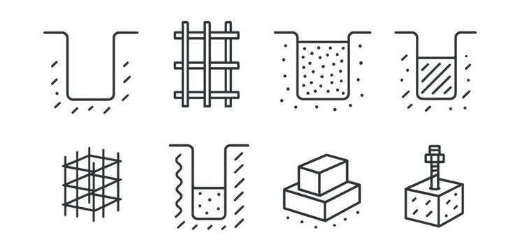 Line vector icons of foundation work: trench, concrete form, gravel base, poured concrete, rebar cage, waterproof layer, footing block, anchor bolt.