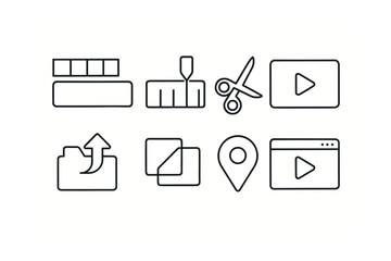 Line style icons of video editing tools: timeline, playhead, cut tool, video frame, export icon, transitions, clip marker, preview window.