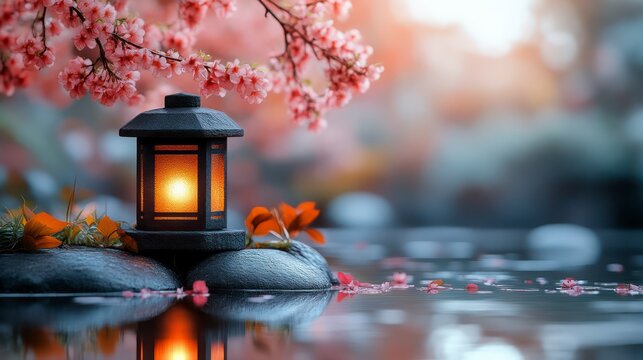 Cherry Blossoms and Lantern Reflecting in Serene Water Ideal for Zen Meditation and Nature T