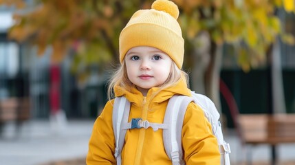 Adorable toddler in yellow autumn outfit