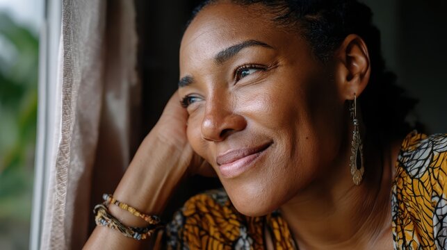 A serene moment captured as a woman reflects with a gentle smile, showcasing her peaceful expression while looking out of a window, evoking thoughts of inspiration and joy.