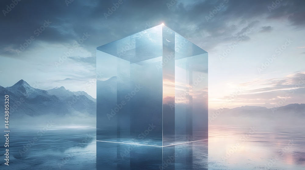 Poster 青い透明な立方体の構造が水面に反射する幻想的な風景 夕焼け空と山々が背景に広がる