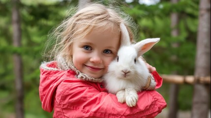 Fototapeta premium A delightful girl with a warm smile cradles a white bunny in her arms amidst a lush green forest, embodying the joy of childhood adventures and the bond between human and animal.