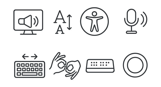 Line vector icons of accessibility features: screen reader, font size control, high contrast mode, voice command, keyboard nav, sign language icon, braille display, focus ring.
