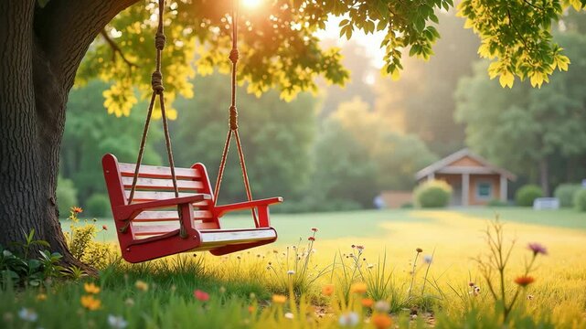 4K motion video of romantic red bench swing swaying under leafy tree in colorful sunny meadow with daisies and summer glow
