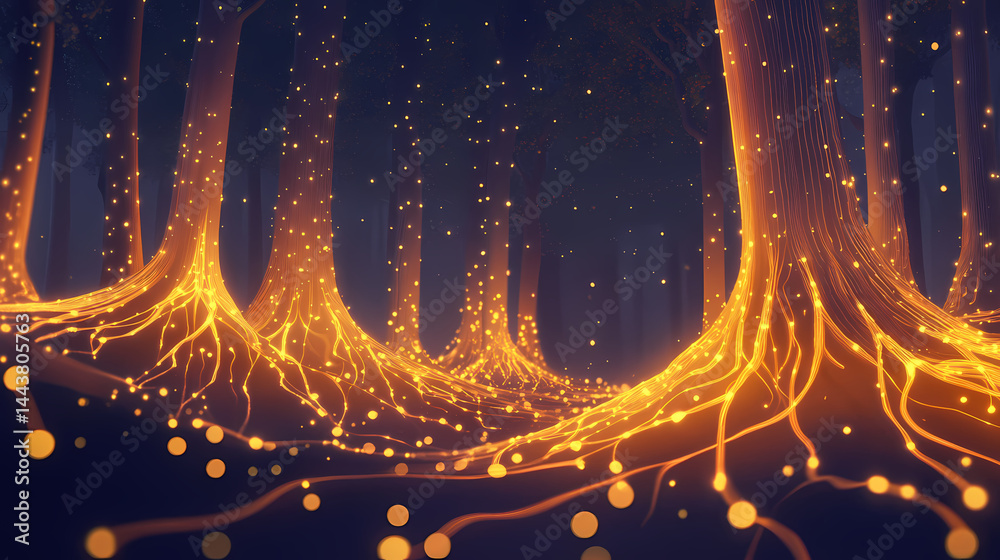 Canvas Prints forest with soft glowing tendrils and drifting particles of light. [mechanical forests] | radiant ro