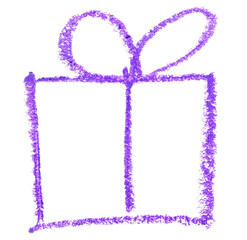 Hand drawn purple gift box, simple children's crayon illustration isolated