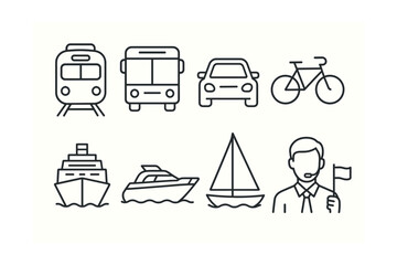 Line vector icons of transportation types: train, bus, car, bicycle, cruise ship, yacht, sailboat, tour guide.