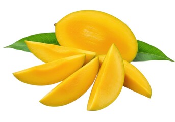 Fresh mango slices with leaves isolated for healthy eating concept