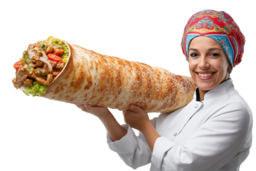 Turkish woman chef in a headscarf holding a giant doner kebab.