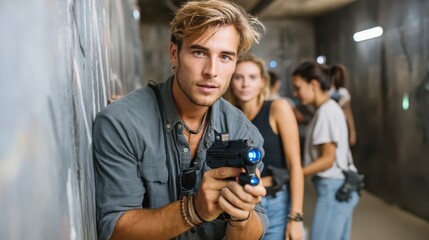 A determined young man holds a toy gun in a gritty, urban setting, embodying focus and confidence while surrounded by a group of friends in a layered atmosphere.