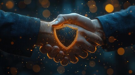 Business partnership with digital shield.  Two people shaking hands, with a glowing shield graphic between their clasped hands.  The image suggests a secure and reliable agreement