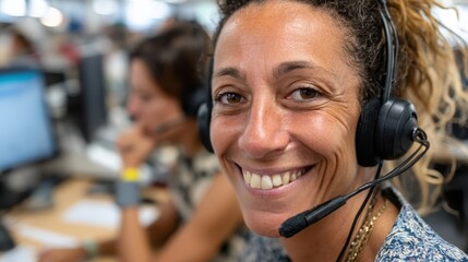 A dedicated support agent wearing a headset assists customers, showing a genuine smile while focused on her tasks and creating positive interactions in a collaborative workspace.