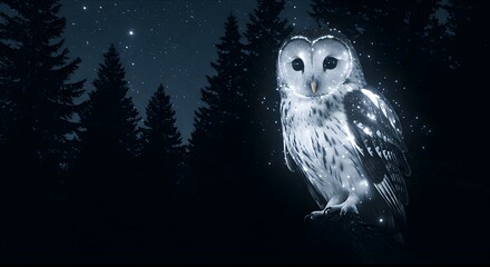 Owl Perching at Night Forest with Stars and Magical Light