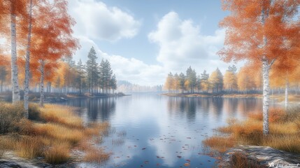 Autumnal Serenity A Calm Lake Surrounded by Vibrant Fall Foliage and Reflective Waters