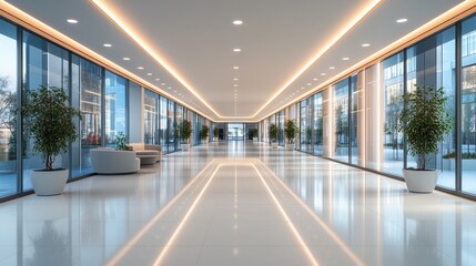 Modern Office Building Corridor:  A Luxurious and Bright Interior Design