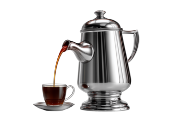 A sleek, silver, triply stainless steel tea pot with a lid, possibly from the 1950s diner style,. The pot is designed to pour liquid, and a cup is placed below the spout to catch the stream.