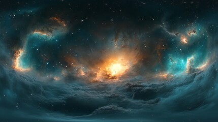 Fototapeta premium Stunning nebula space scene with vivid orange and teal colors sky art blue dark glow stars night