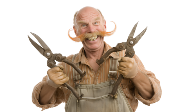 Zany Gardener with Outlandish Mustache Holding Antique Pruning Shears