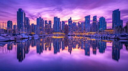 Fototapeta premium Vibrant city skyline reflected in calm waters at sunrise