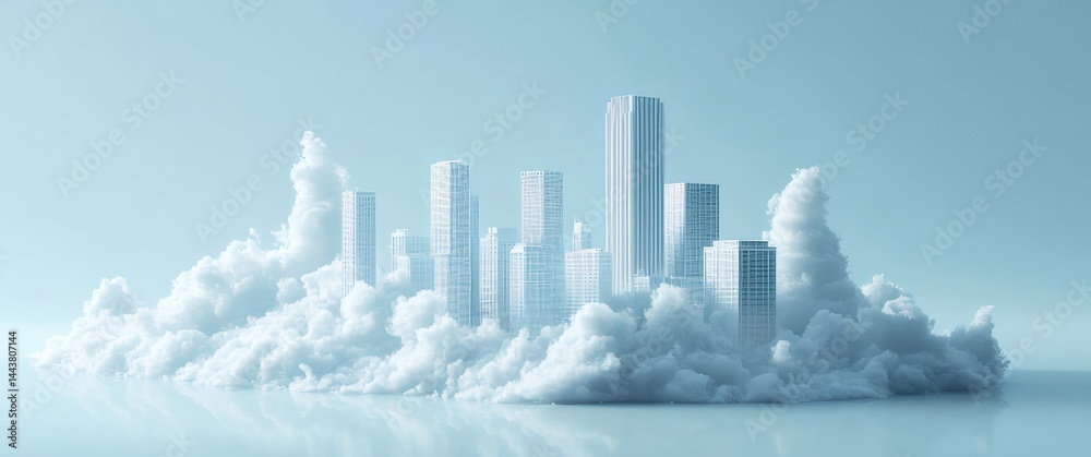 Aufkleber 青空に浮かぶ白い雲と都市の3dレンダリング 幻想的な建築物と水面の風景