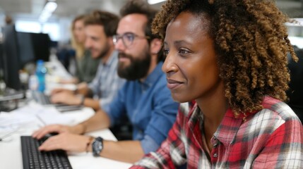 Obraz premium An engaged woman working with colleagues at a modern office, reflecting professionalism and concentration in a collaborative environment filled with inspiration and creativity.