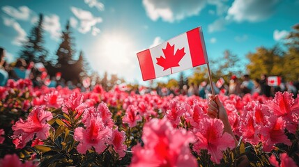 Canada Day celebration amidst pink flowers