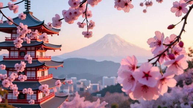  4K motion video of cherry blossoms framing Mount Fuji and red pagoda in spring dawn &mdash; traditional and serene Japanese landscape
