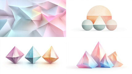 Pastel geometric shapes, abstract 3D renders.
