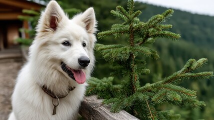A white puppy poses near lush evergreen trees, showcasing its delightful features in a picturesque setting that exudes the essence of youth and joy in nature's embrace.