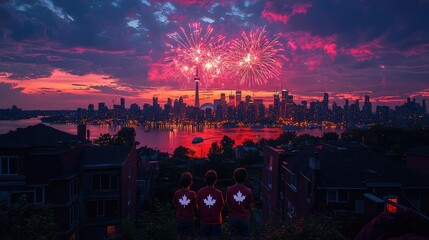 Canada Day fireworks over city skyline