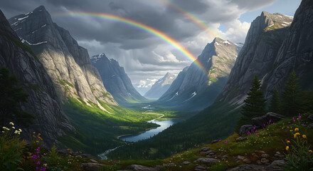 Majestic mountain valley with a vibrant rainbow after the rain, showcasing nature's beauty and scenic landscape