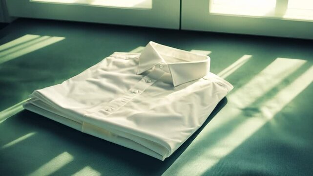 A neatly folded white dress shirt lies on a green surface, with sunlight streaming through nearby windows, creating a pattern of light and shadows on the fabric.